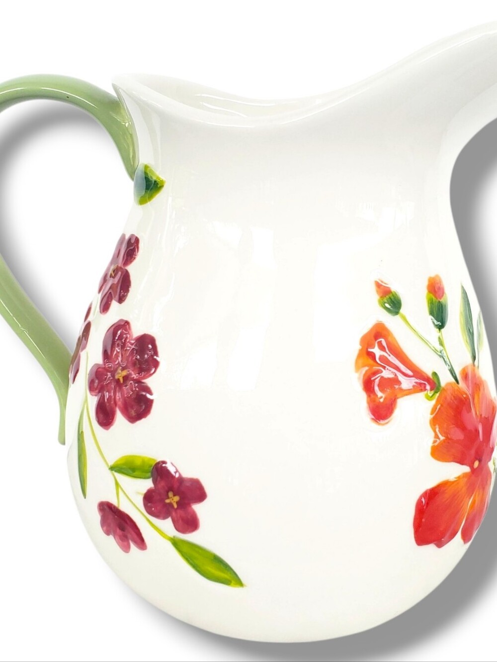 Home Studio Garden Bouquet Pitcher Raised Hand Painted Floral White Red Embossed - Picture 7 of 7